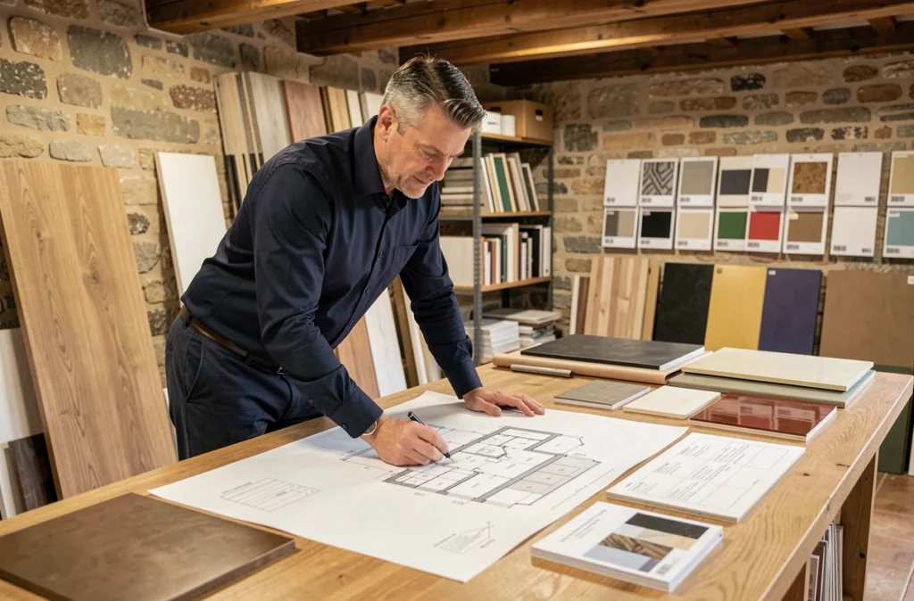 Designer de Bozzi Cuisines étudiant des plans de cuisine sur mesure dans un atelier bordelais