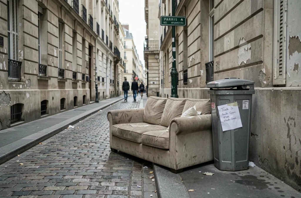 Canapé encombrant abandonné sur un trottoir d'une rue du 15e arrondissement de Paris en attente de collecte refusée