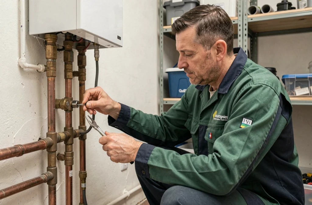 Chauffagiste Chauf Sani Service travaillant sur une installation de chauffage à Wattignies