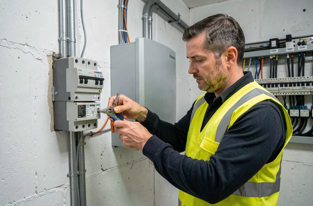 Électricien Clipe fixant des câbles de système solaire dans une pièce technique résidentielle