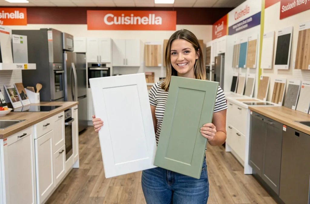 Cliente comparant des façades de cuisine dans un showroom Cuisinella en Gironde