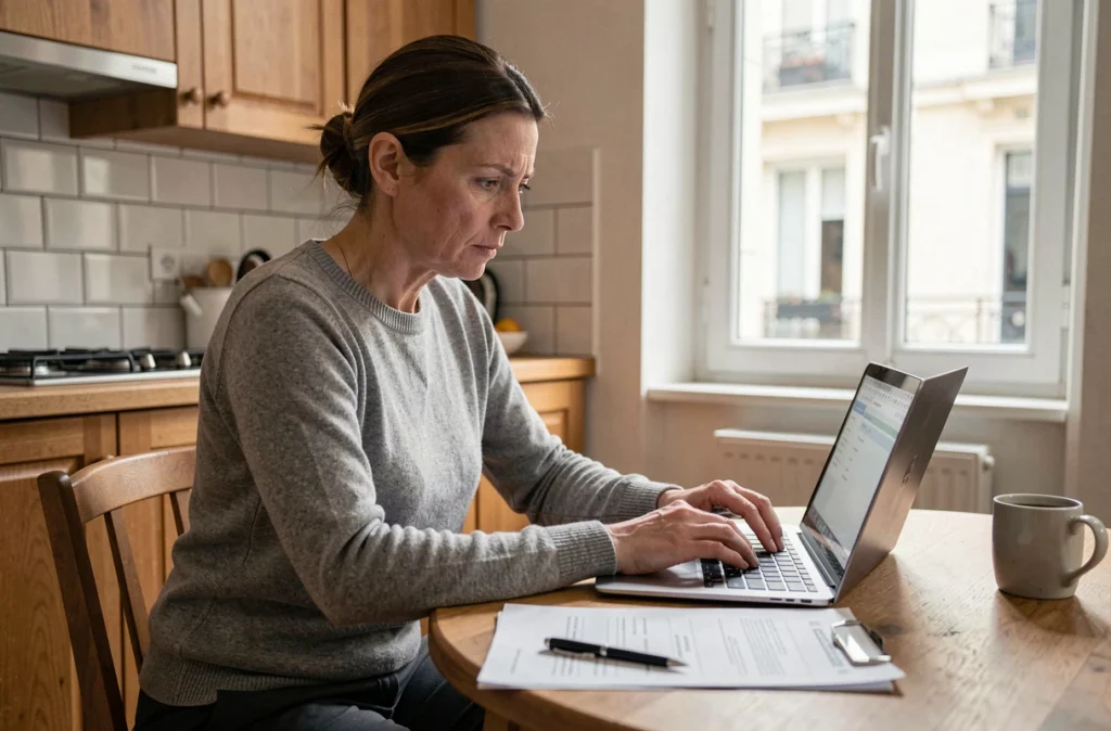 Femme parisienne du 15e arrondissement qui fait une demande d'encombrant en ligne sur son ordinateur portable dans sa cuisine