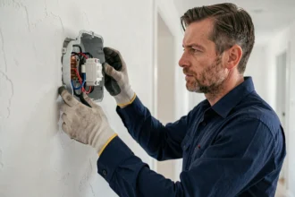 Électricien en train d'examiner un interrupteur va-et-vient ouvert avec câblage apparent dans un appartement moderne