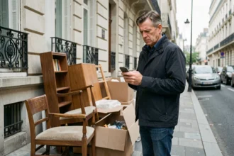 Habitant du 15e arrondissement de Paris frustré à côté d'un encombrant refusé par la mairie, consultant son téléphone sur le trottoir