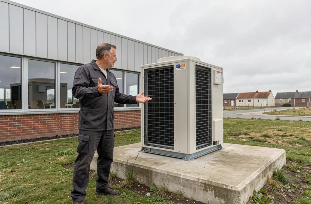 Spécialiste chauffage Essars Chauffe devant une installation commerciale en Nord-Pas-de-Calais
