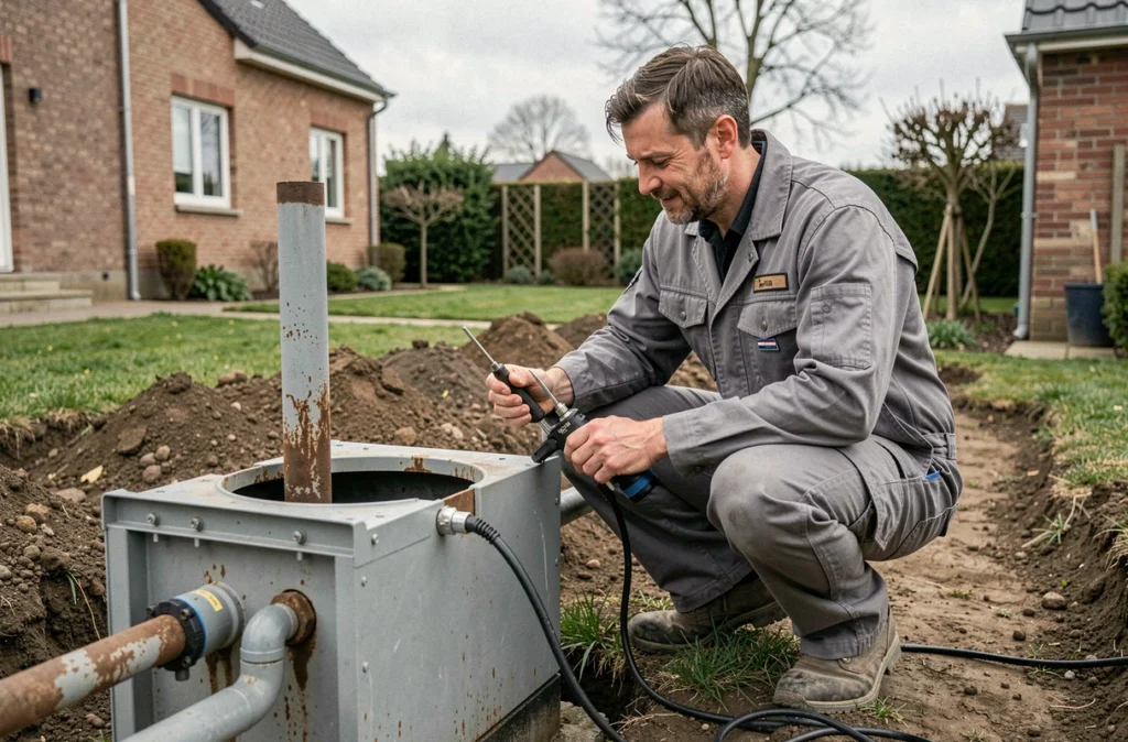 Technicien Geotherm Solaire installant une pompe à chaleur géothermique dans le Nord