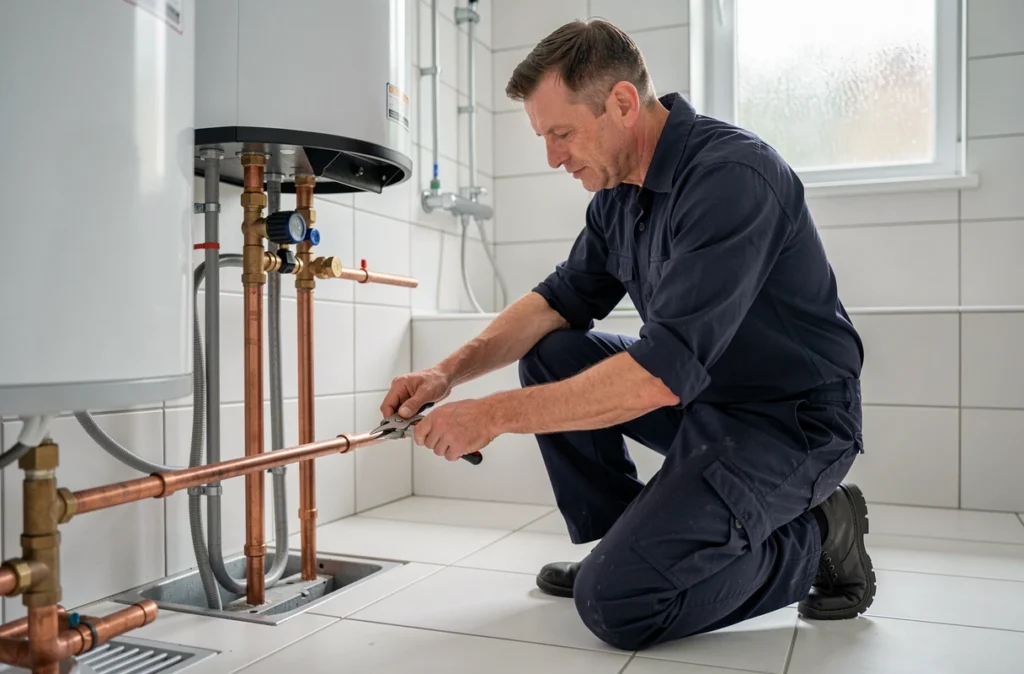 Plombier chauffagiste ID Plomberie connectant les circuits d'une pompe à chaleur