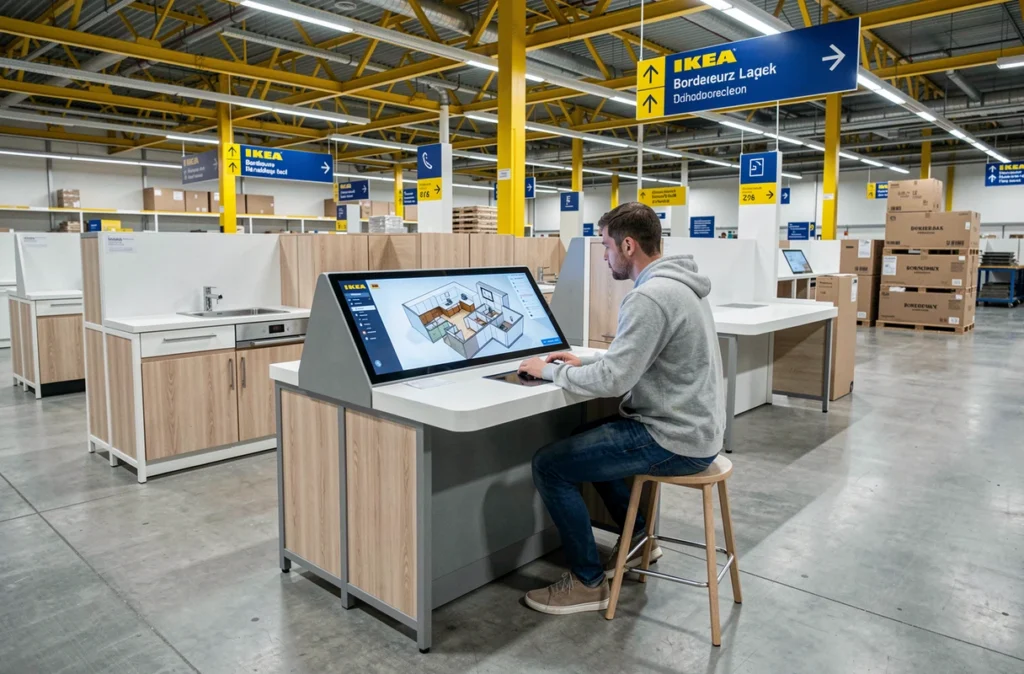 Client utilisant une borne de conception cuisine en libre-service dans le magasin IKEA Bordeaux Lac