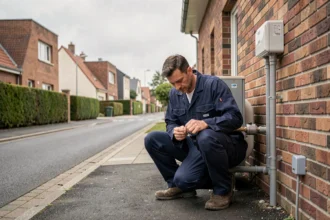 Installateur professionnel de pompe à chaleur devant une maison du Nord de la France
