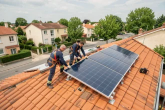 Équipe de techniciens installant des panneaux solaires sur un toit de maison dans le Val-de-Marne
