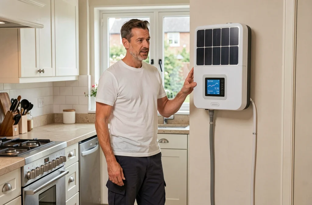 Technicien de Le Feu et l'Eau présentant un système de chauffe-eau solaire dans une cuisine moderne