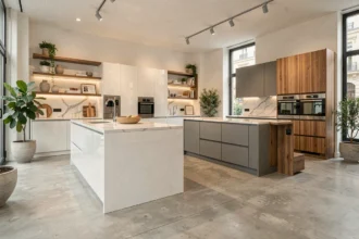 Vue panoramique d'un showroom de cuisinistes en Gironde avec plusieurs modèles de cuisines modernes exposés