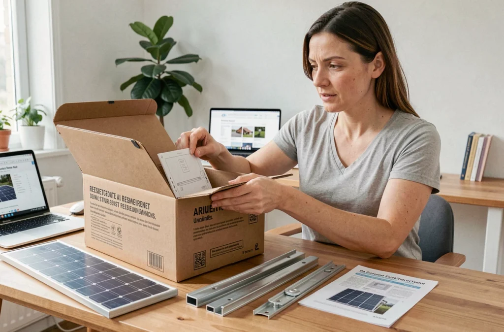 Femme déballant un kit solaire résidentiel Mon Kit Solaire à son bureau à domicile