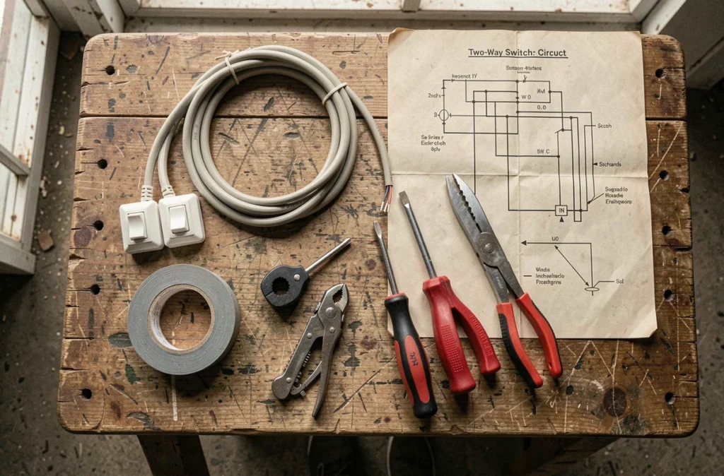 Vue de dessus de tous les outils et composants nécessaires pour réaliser un montage en va-et-vient électrique sur un établi en bois