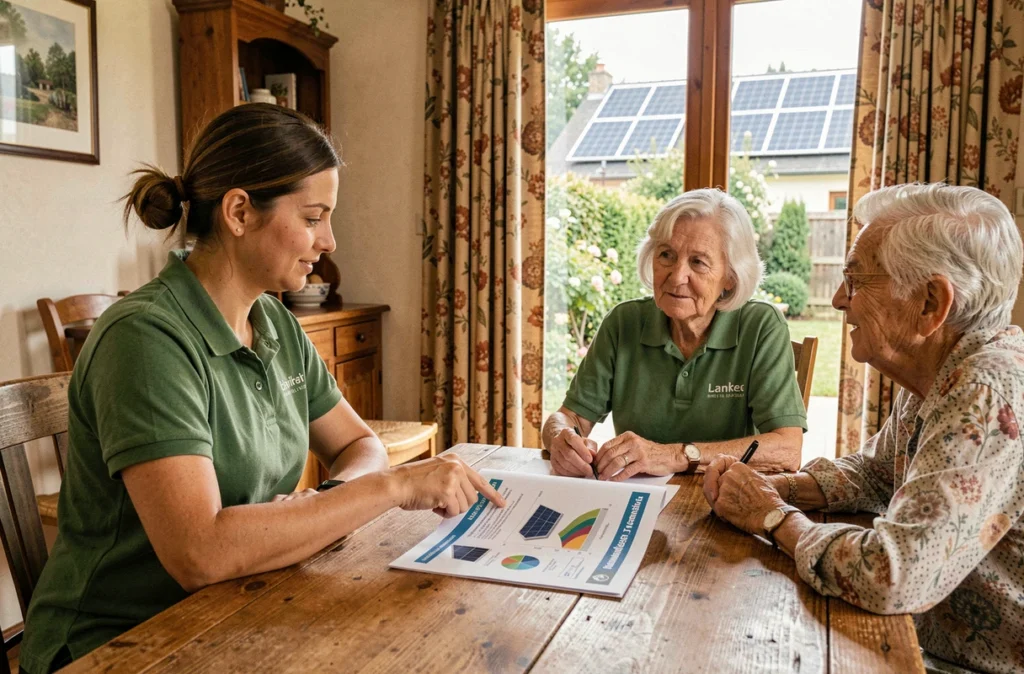 Conseillère de Planete Service en consultation avec un couple de seniors pour une installation solaire à domicile