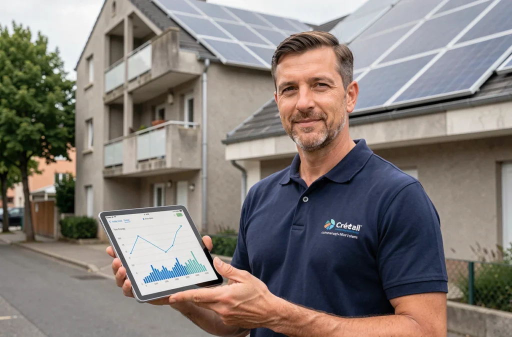 Consultant de PPF Créteil présentant une installation de panneaux solaires devant un immeuble résidentiel