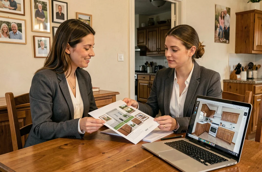Conceptrice Raison Home présentant un projet de cuisine à domicile à des clients à Parempuyre