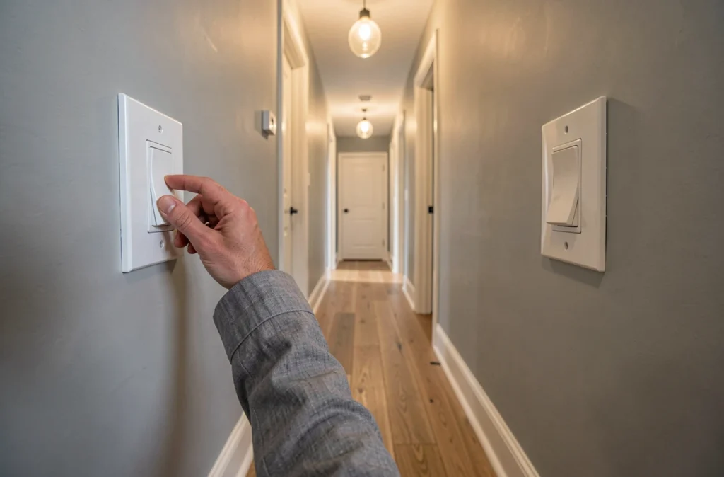 Couloir rénové avec deux interrupteurs va-et-vient installés aux deux extrémités, montrant le résultat final du montage électrique