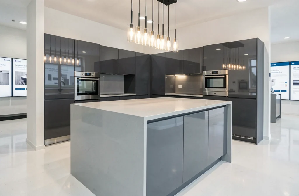Cuisine Schmidt en exposition dans le showroom de Mérignac avec caissons anthracite et îlot en quartz
