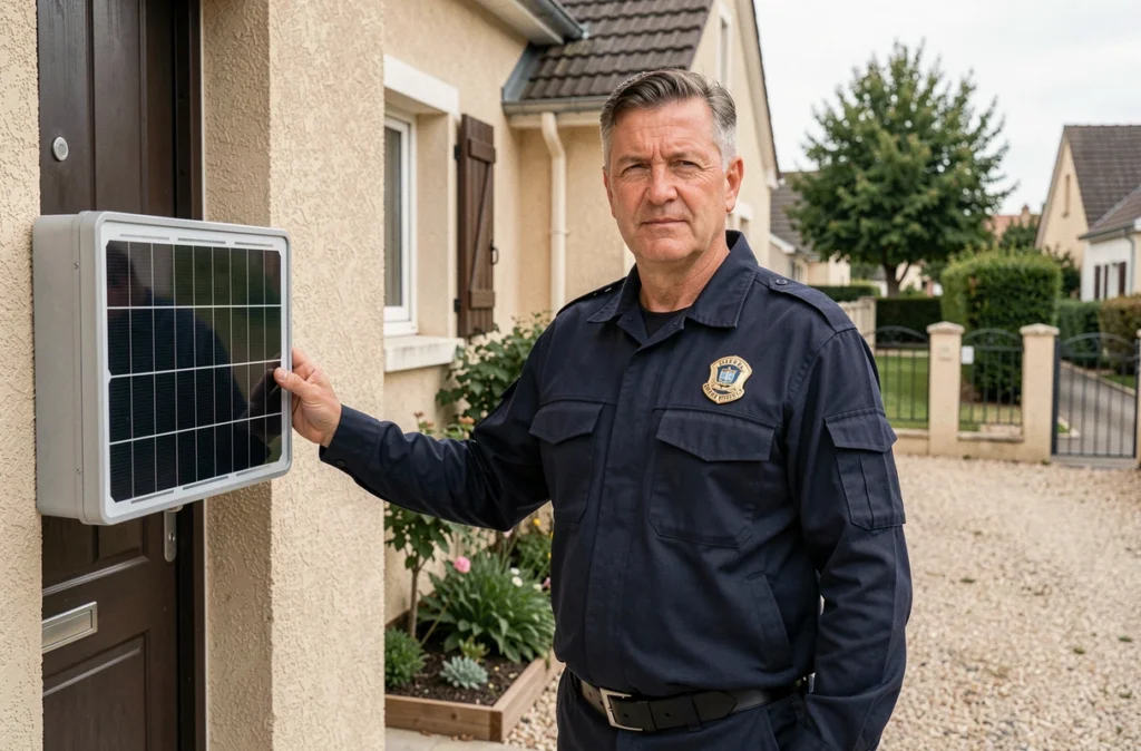 Technicien Securite Services installant un panneau solaire de sécurité à l'entrée d'une maison en banlieue