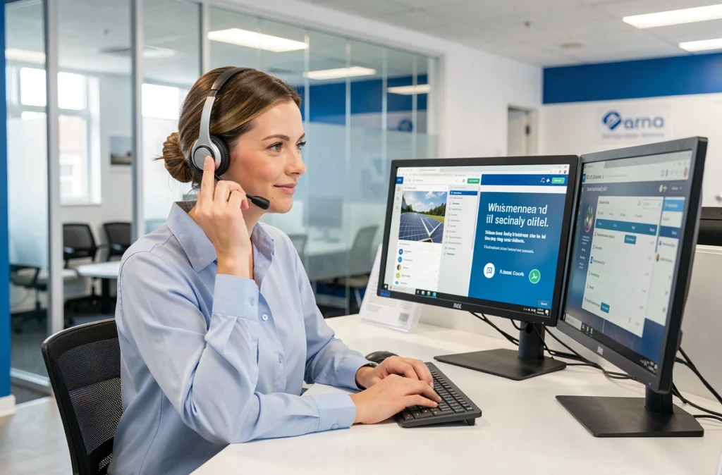 Conseillère de Service Plus en train de gérer des demandes clients pour des installations solaires depuis son bureau