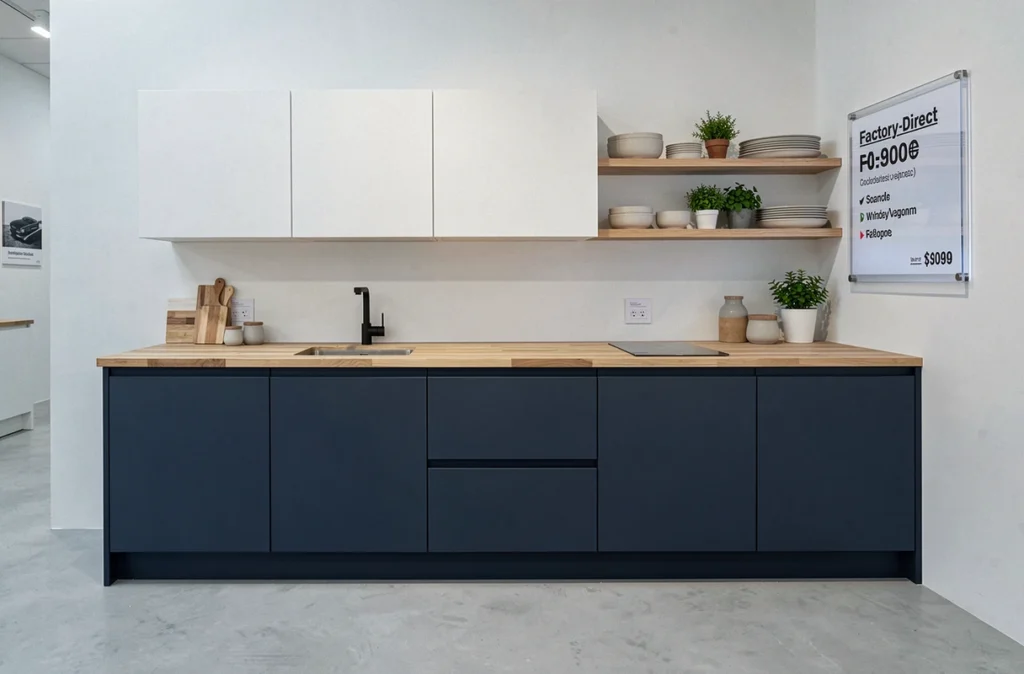 Exposition d'une cuisine SoCoo'c en showroom en Gironde avec façades navy matte et plan de travail bois