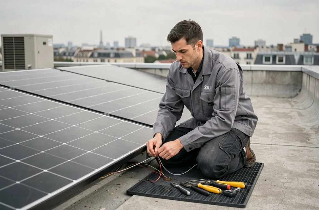 Technicien SOLI connectant le câblage de panneaux solaires sur un toit commercial en banlieue parisienne