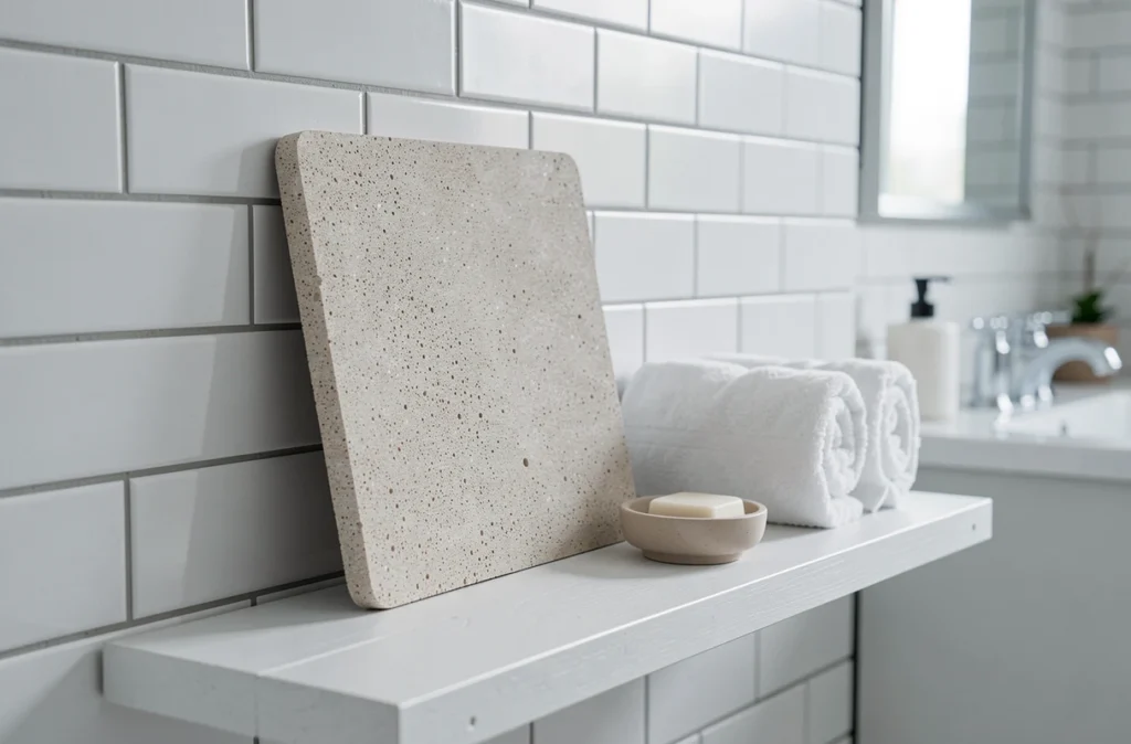 Tapis de bain en diatomite posé sur une étagère en bois blanc avec serviettes roulées dans une salle de bain minimaliste