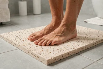 Tapis en pierre de diatomite beige posé sur carrelage gris dans une salle de bain moderne, pieds nus absorbant l'eau